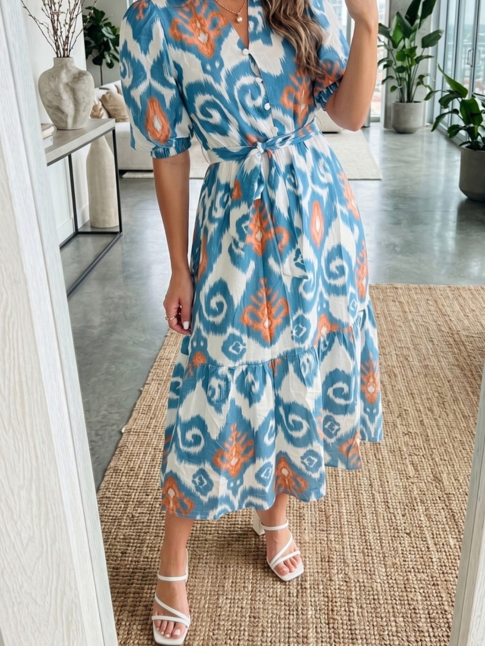 Blue & Orange Ikat Midi Dress with Tie Waist